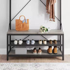 Porte-manteau banc à chaussures COZONY 72, banc d'entrée 4 en 1 avec 8 crochets et étagère de rangement à 3 niveaux, organiseur d'entrée autoportant avec accent en bois