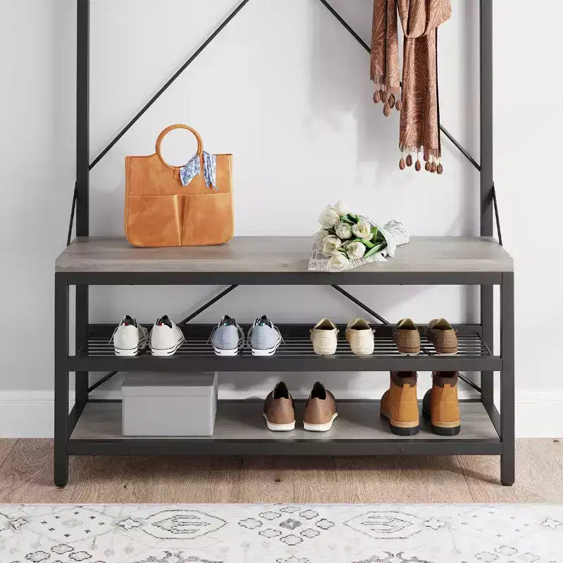 Porte-manteau banc à chaussures COZONY 72, banc d'entrée 4 en 1 avec 8 crochets et étagère de rangement à 3 niveaux, organiseur d'entrée autoportant avec accent en bois