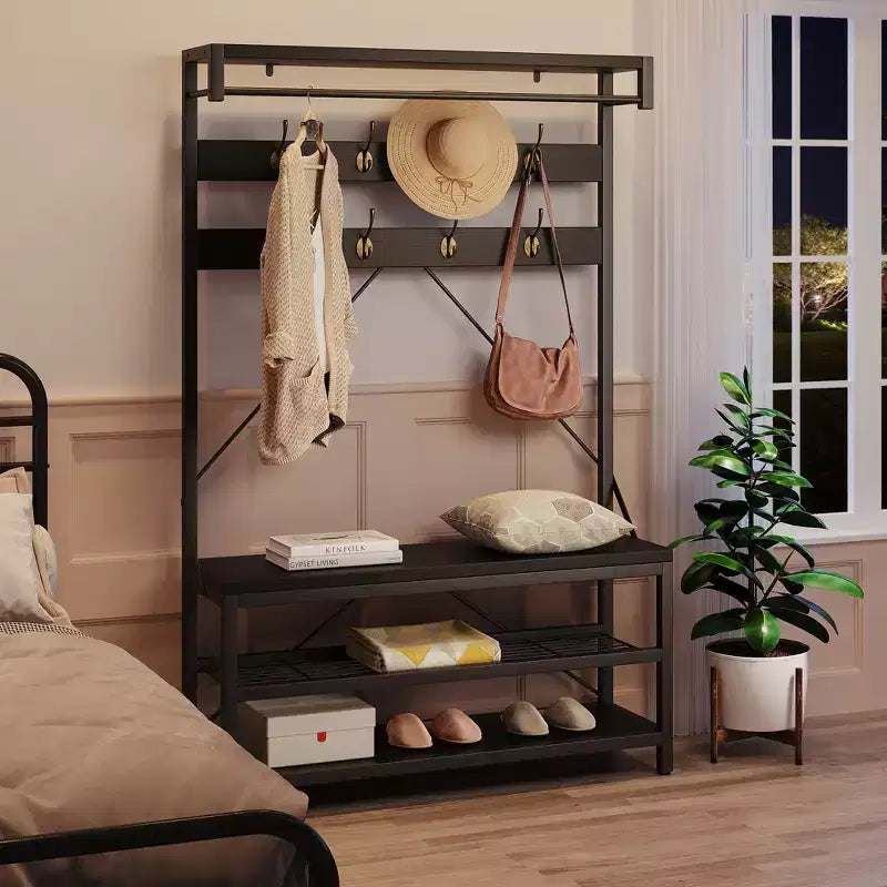 Porte-manteau banc à chaussures COZONY 72, banc d'entrée 4 en 1 avec 8 crochets et étagère de rangement à 3 niveaux, organiseur d'entrée autoportant avec accent en bois
