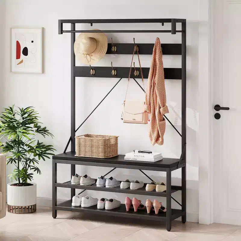 Porte-manteau banc à chaussures COZONY 72, banc d'entrée 4 en 1 avec 8 crochets et étagère de rangement à 3 niveaux, organiseur d'entrée autoportant avec accent en bois