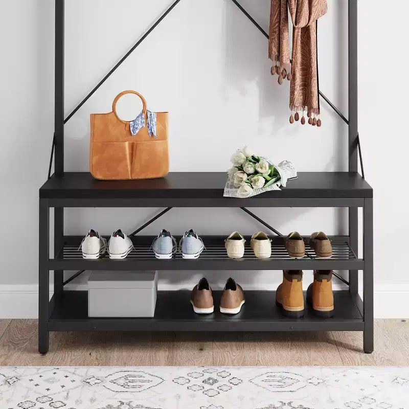 Porte-manteau banc à chaussures COZONY 72, banc d'entrée 4 en 1 avec 8 crochets et étagère de rangement à 3 niveaux, organiseur d'entrée autoportant avec accent en bois