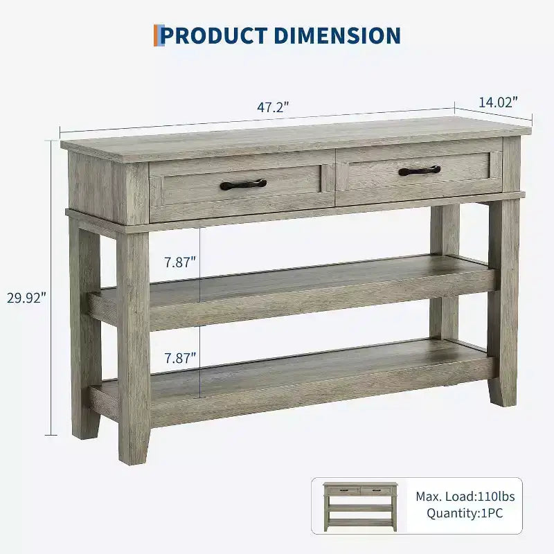 Console de style ferme avec 2 tiroirs et 3 étagères, table d'entrée avec rangement, table de canapé grise pour salon, couloir, entrée