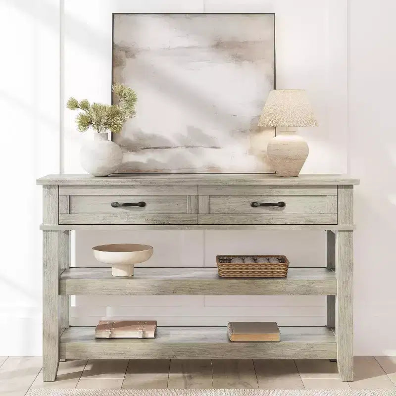 Console de style ferme avec 2 tiroirs et 3 étagères, table d'entrée avec rangement, table de canapé grise pour salon, couloir, entrée