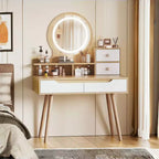 GDFStudio Kael Modern Mirror Makeup Vanity Table with Adjustable Light, 4 Drawers and 3 Open Shelves