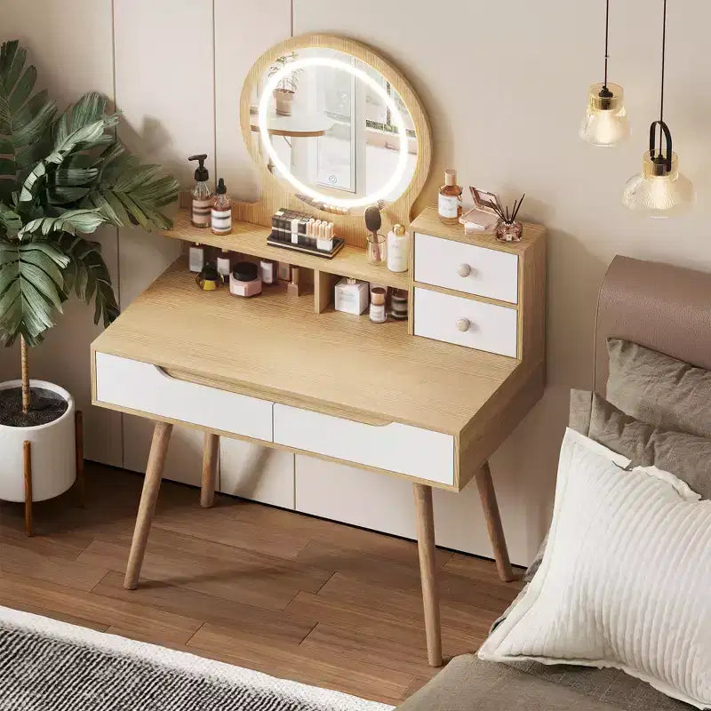 Table de Toilette de Maquillage Moderne GDFStudio Kael avec Lumière Réglable, 4 Tiroirs et 3 Étagères Ouvertes