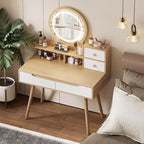 Table de Toilette de Maquillage Moderne GDFStudio Kael avec Lumière Réglable, 4 Tiroirs et 3 Étagères Ouvertes