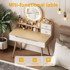 Table de Toilette de Maquillage Moderne GDFStudio Kael avec Lumière Réglable, 4 Tiroirs et 3 Étagères Ouvertes