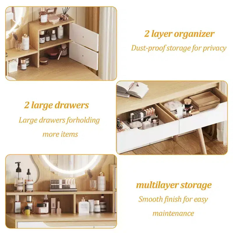 Table de Toilette de Maquillage Moderne GDFStudio Kael avec Lumière Réglable, 4 Tiroirs et 3 Étagères Ouvertes
