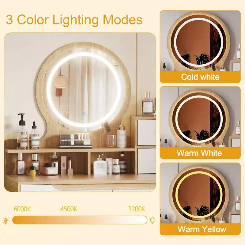 Table de Toilette de Maquillage Moderne GDFStudio Kael avec Lumière Réglable, 4 Tiroirs et 3 Étagères Ouvertes