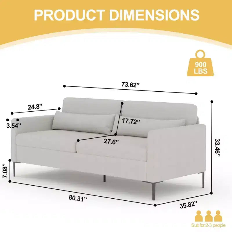 Canapé confortable GustoWave de 203 cm, canapé 3 places avec pieds en métal, canapé profond en tissu de lin, canapé moderne pour salon