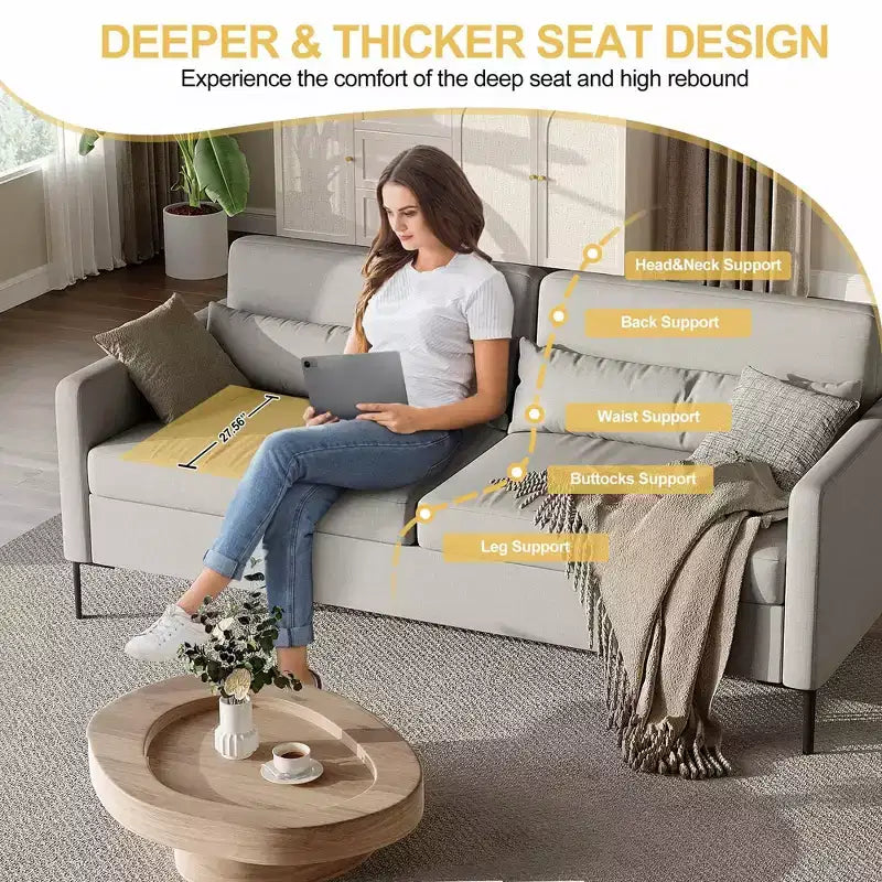 Canapé confortable GustoWave de 203 cm, canapé 3 places avec pieds en métal, canapé profond en tissu de lin, canapé moderne pour salon