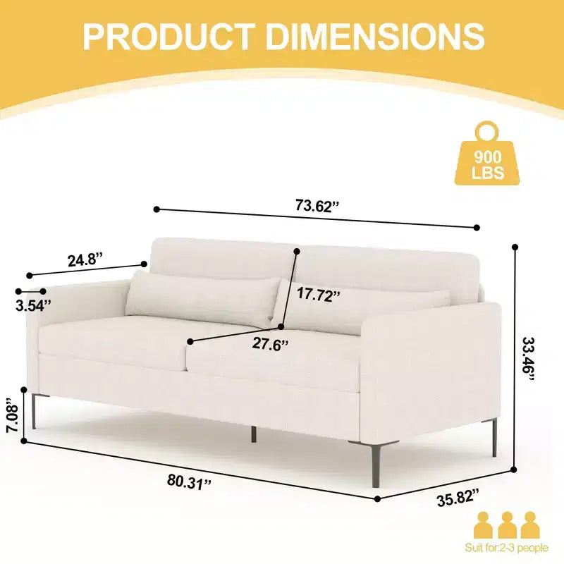 Canapé confortable GustoWave de 203 cm, canapé 3 places avec pieds en métal, canapé profond en tissu de lin, canapé moderne pour salon
