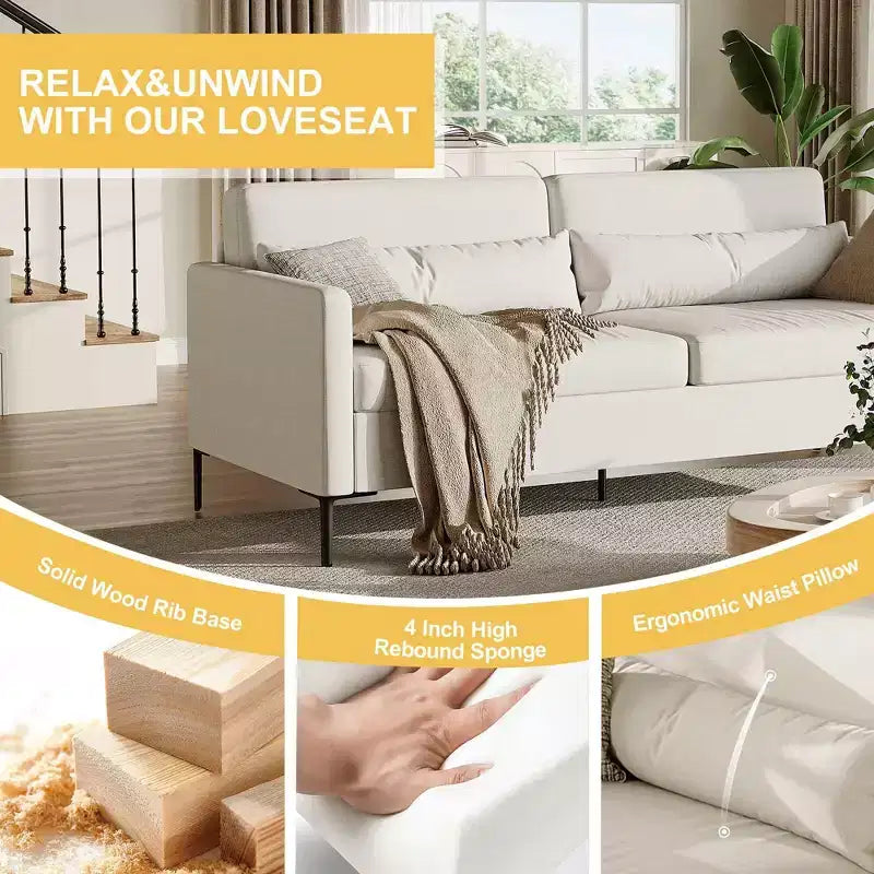 Canapé confortable GustoWave de 203 cm, canapé 3 places avec pieds en métal, canapé profond en tissu de lin, canapé moderne pour salon