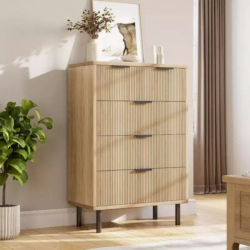 Commode à 5 tiroirs cannelée moderne pour chambre à coucher, grande commode avec poignées et pieds en métal, armoire de rangement pour vêtements pour salon