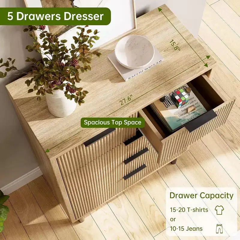 Commode à 5 tiroirs cannelée moderne pour chambre à coucher, grande commode avec poignées et pieds en métal, armoire de rangement pour vêtements pour salon