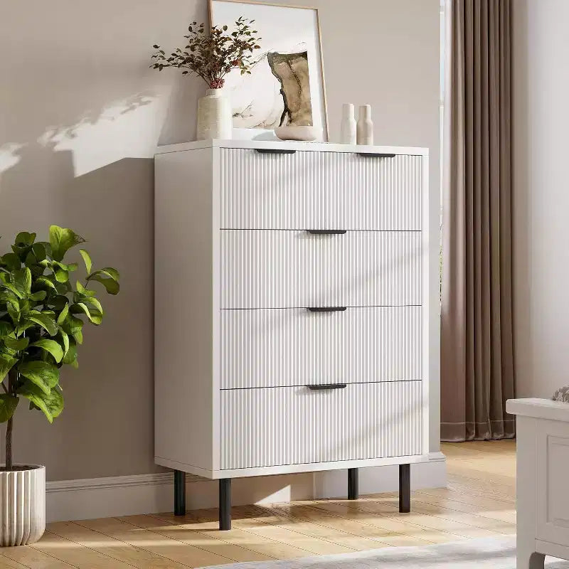 Commode à 5 tiroirs cannelée moderne pour chambre à coucher, grande commode avec poignées et pieds en métal, armoire de rangement pour vêtements pour salon