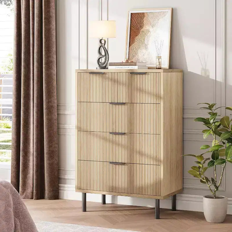 Modern Fluted 5 Drawer Dresser for Bedroom, Wide Chest of Drawers with Metal Handles Legs, Clothes Storage Cabinet Organizer for Living Room