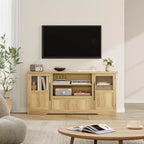 Meuble TV 63 po pour téléviseurs jusqu'à 72 po - Meuble de divertissement style ferme avec motif ondulé, 2 armoires à portes vitrées et étagères ouvertes, console multimédia pour salon