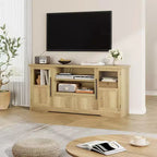 Meuble TV 63 po pour téléviseurs jusqu'à 72 po - Meuble de divertissement style ferme avec motif ondulé, 2 armoires à portes vitrées et étagères ouvertes, console multimédia pour salon