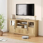 Meuble TV 63 po pour téléviseurs jusqu'à 72 po - Meuble de divertissement style ferme avec motif ondulé, 2 armoires à portes vitrées et étagères ouvertes, console multimédia pour salon