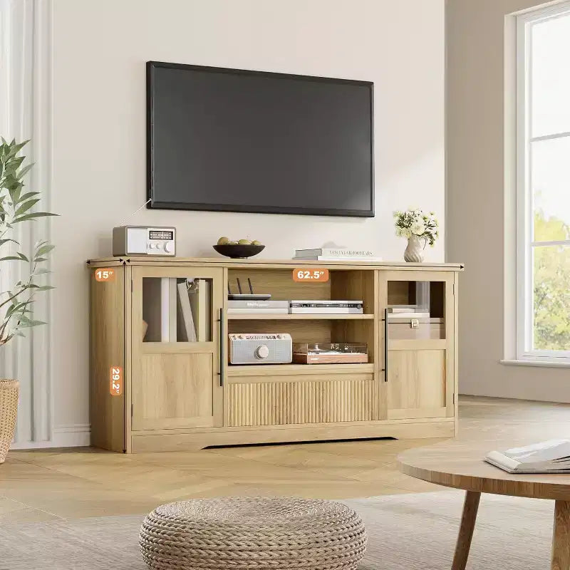 Meuble TV 63 po pour téléviseurs jusqu'à 72 po - Meuble de divertissement style ferme avec motif ondulé, 2 armoires à portes vitrées et étagères ouvertes, console multimédia pour salon