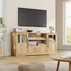 Meuble TV 63 po pour téléviseurs jusqu'à 72 po - Meuble de divertissement style ferme avec motif ondulé, 2 armoires à portes vitrées et étagères ouvertes, console multimédia pour salon