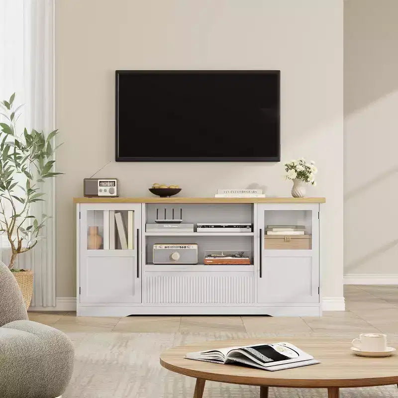 Meuble TV 63 po pour téléviseurs jusqu'à 72 po - Meuble de divertissement style ferme avec motif ondulé, 2 armoires à portes vitrées et étagères ouvertes, console multimédia pour salon