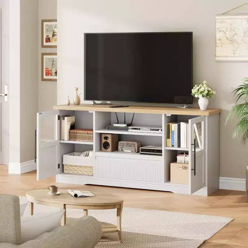 Meuble TV 63 po pour téléviseurs jusqu'à 72 po - Meuble de divertissement style ferme avec motif ondulé, 2 armoires à portes vitrées et étagères ouvertes, console multimédia pour salon