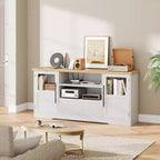 Meuble TV 63 po pour téléviseurs jusqu'à 72 po - Meuble de divertissement style ferme avec motif ondulé, 2 armoires à portes vitrées et étagères ouvertes, console multimédia pour salon