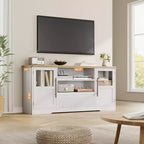 Meuble TV 63 po pour téléviseurs jusqu'à 72 po - Meuble de divertissement style ferme avec motif ondulé, 2 armoires à portes vitrées et étagères ouvertes, console multimédia pour salon