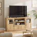 Meuble TV 63 po pour téléviseurs jusqu'à 72 po - Meuble de divertissement style ferme avec motif ondulé, 2 armoires à portes vitrées et étagères ouvertes, console multimédia pour salon