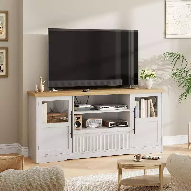 63 TV Stand for TVs up to 72 - Farmhouse Wave Design Entertainment Center with 2 Glass Door Cabinets & Open Shelves, Media Console for Living Room