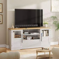 63 TV Stand for TVs up to 72 - Farmhouse Wave Design Entertainment Center with 2 Glass Door Cabinets & Open Shelves, Media Console for Living Room