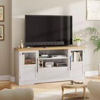 63 TV Stand for TVs up to 72 - Farmhouse Wave Design Entertainment Center with 2 Glass Door Cabinets & Open Shelves, Media Console for Living Room