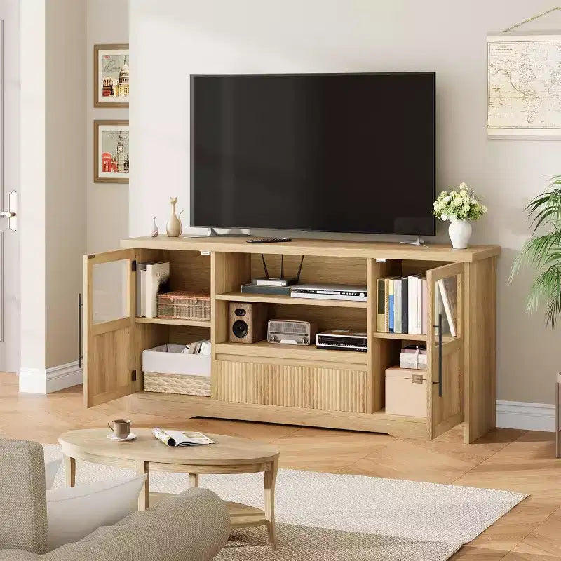 Meuble TV 63 po pour téléviseurs jusqu'à 72 po - Meuble de divertissement style ferme avec motif ondulé, 2 armoires à portes vitrées et étagères ouvertes, console multimédia pour salon