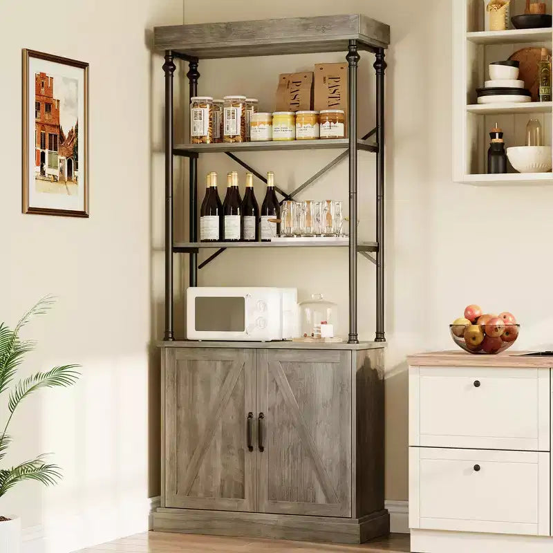 Tall Bookshelf with Doors 73.62in Industrial Storage Open Rack Shelf with Cabinet Wood and Metal Bookcase Bookshelves Large Vintage Display Rack