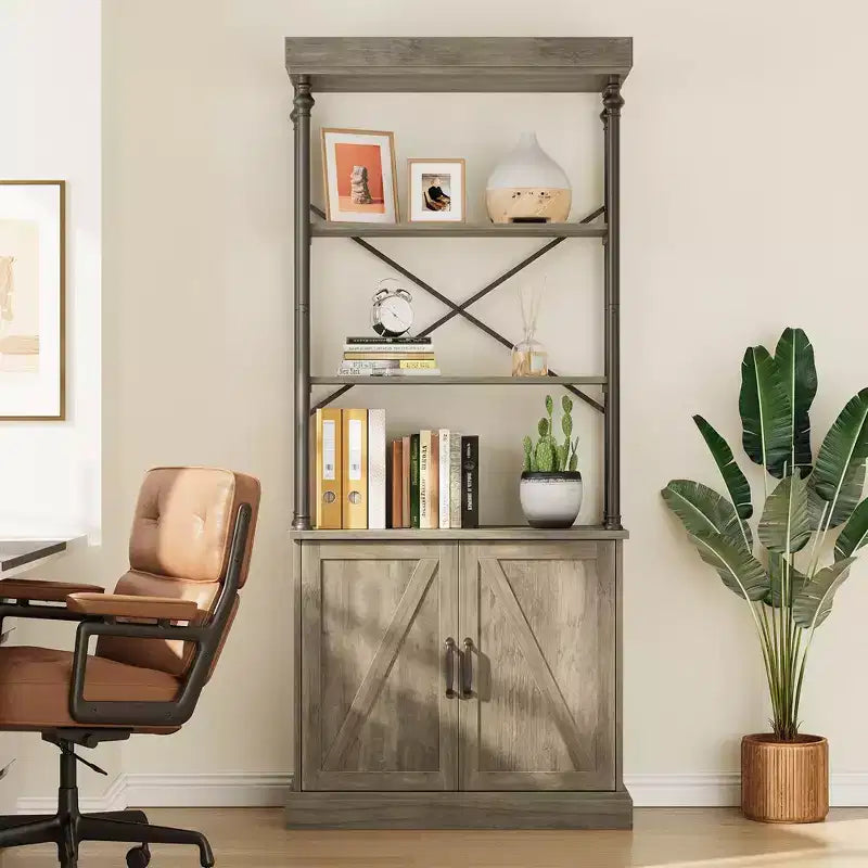 Grande étagère avec portes de 187 cm, étagère de rangement industrielle ouverte avec armoire en bois et métal, bibliothèque, grande étagère de présentation vintage