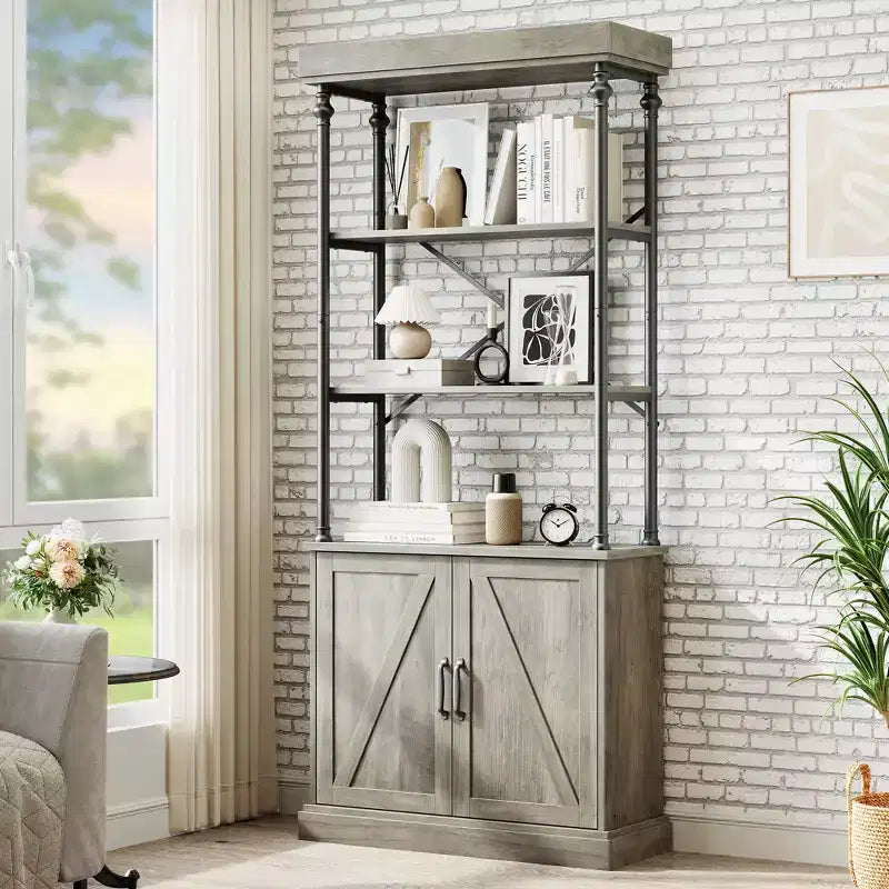 Grande étagère avec portes de 187 cm, étagère de rangement industrielle ouverte avec armoire en bois et métal, bibliothèque, grande étagère de présentation vintage