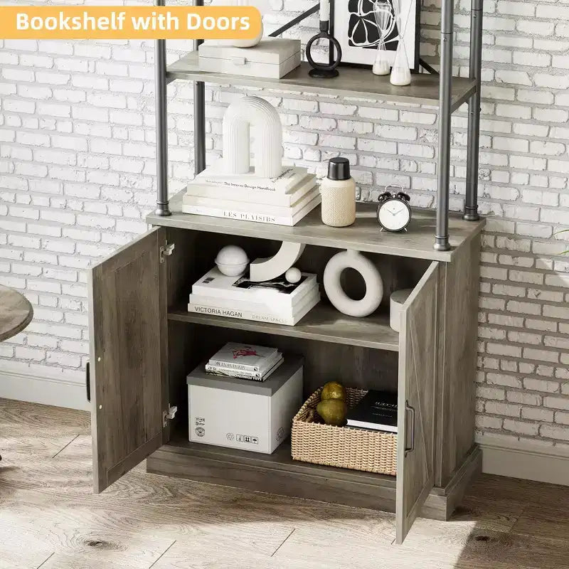 Grande étagère avec portes de 187 cm, étagère de rangement industrielle ouverte avec armoire en bois et métal, bibliothèque, grande étagère de présentation vintage