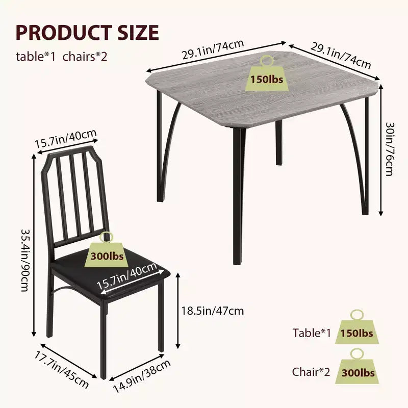 Ensemble table à manger et 2 chaises, table et chaises de cuisine pour 2 avec design chanfreiné, ensemble table de salle à manger 3 pièces avec sièges rembourrés - Gris