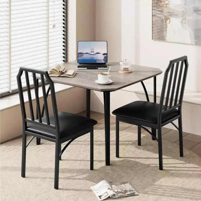 Ensemble table à manger et 2 chaises, table et chaises de cuisine pour 2 avec design chanfreiné, ensemble table de salle à manger 3 pièces avec sièges rembourrés - Gris