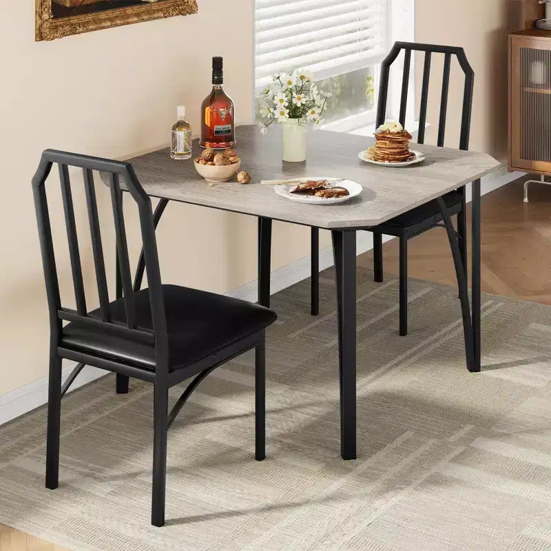 Ensemble table à manger et 2 chaises, table et chaises de cuisine pour 2 avec design chanfreiné, ensemble table de salle à manger 3 pièces avec sièges rembourrés - Gris