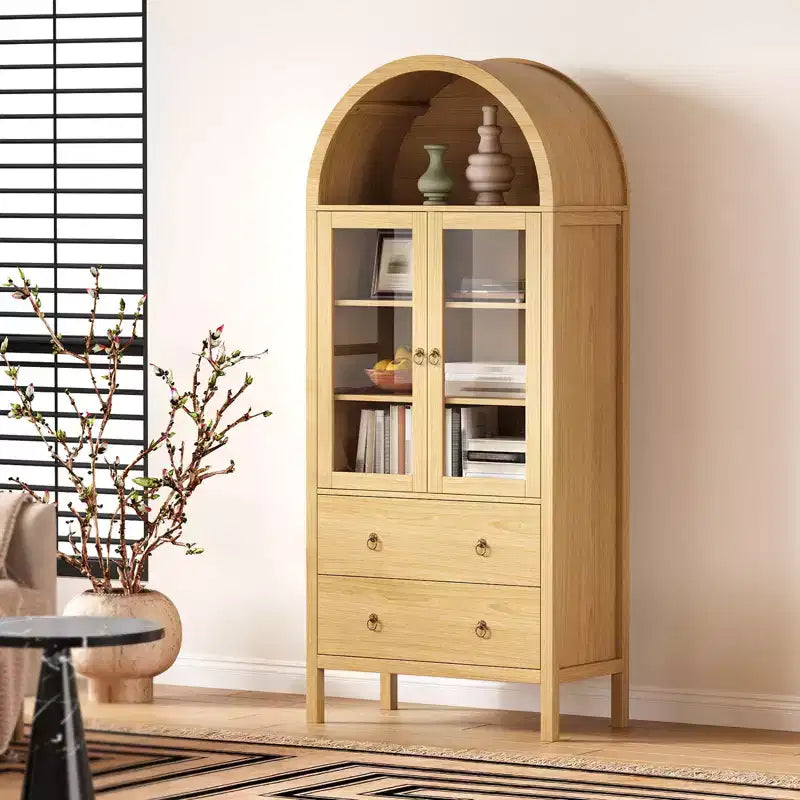 TROPOW 71 Tall Arched Kitchen Pantry Cabinet, Modern Wood Arched Cabinets with Tempered Glass Doors & 2 Large Drawers and Adjustable Shelves Natrual