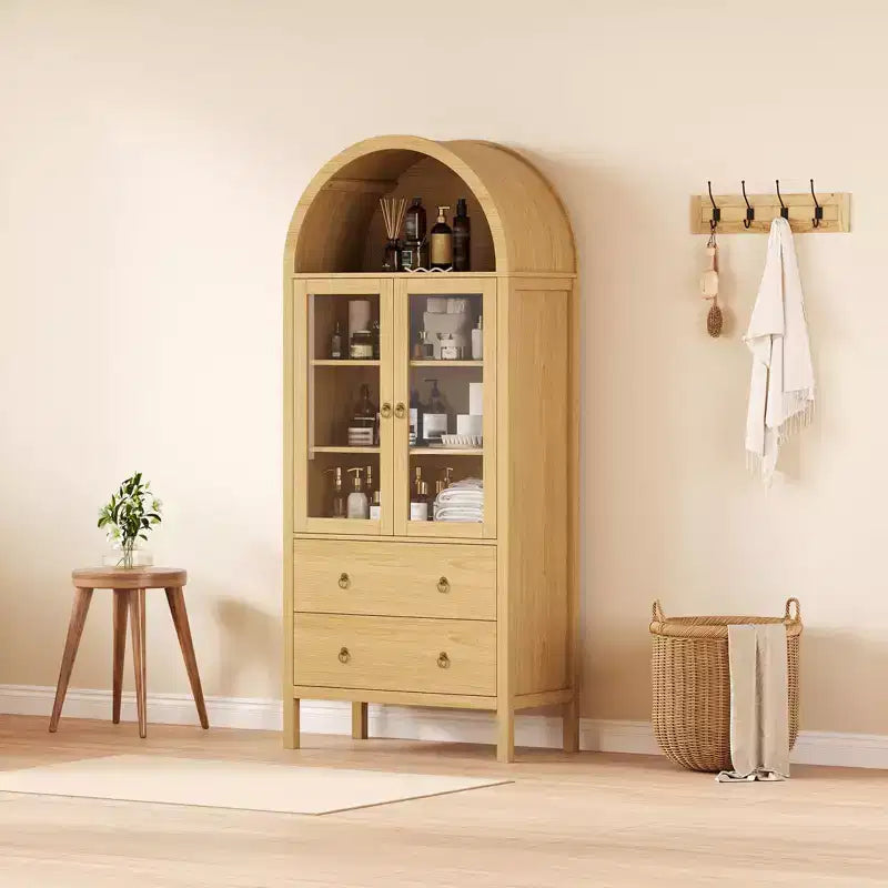 Meuble de cuisine à arcades TROPOW 71 po, armoires en bois modernes avec portes en verre trempé, 2 grands tiroirs et étagères réglables, naturel