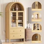 Meuble de cuisine à arcades TROPOW 71 po, armoires en bois modernes avec portes en verre trempé, 2 grands tiroirs et étagères réglables, naturel