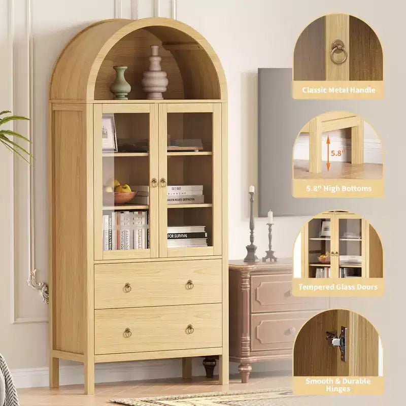 Meuble de cuisine à arcades TROPOW 71 po, armoires en bois modernes avec portes en verre trempé, 2 grands tiroirs et étagères réglables, naturel