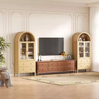 Meuble de cuisine à arcades TROPOW 71 po, armoires en bois modernes avec portes en verre trempé, 2 grands tiroirs et étagères réglables, naturel