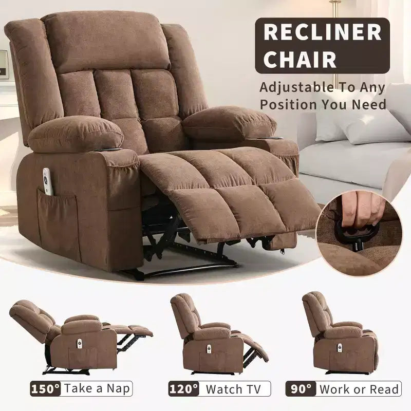 Grand fauteuil inclinable électrique avec fonction massage et chauffage pour personnes âgées, 3 positions, 2 poches latérales et porte-gobelets, et ports USB