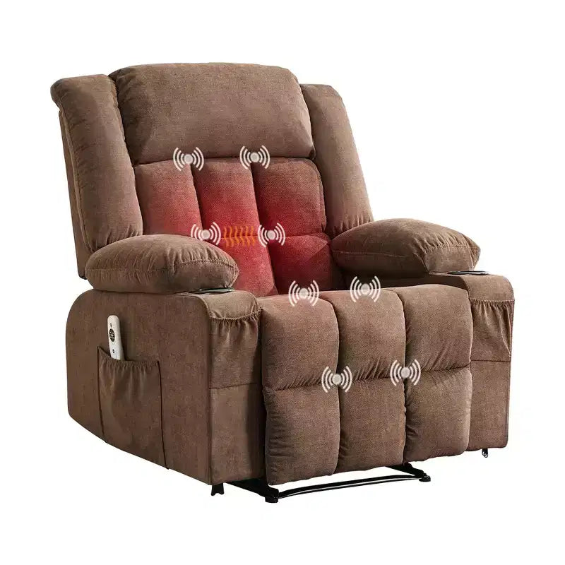 Grand fauteuil inclinable électrique avec fonction massage et chauffage pour personnes âgées, 3 positions, 2 poches latérales et porte-gobelets, et ports USB