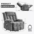 Grand fauteuil inclinable électrique avec fonction massage et chauffage pour personnes âgées, 3 positions, 2 poches latérales et porte-gobelets, et ports USB